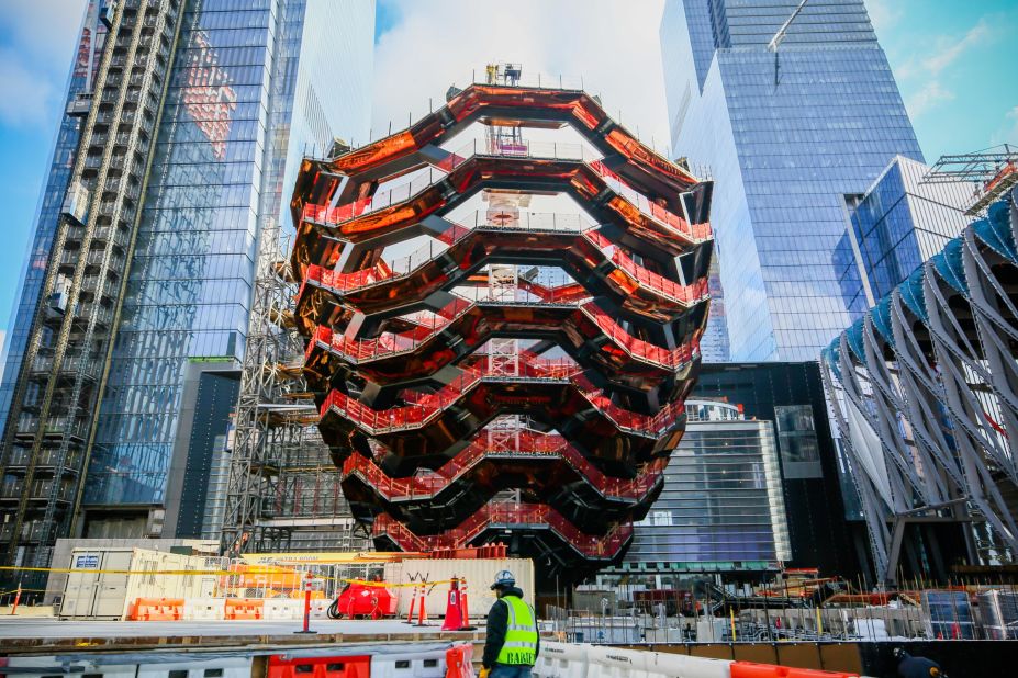 Located in New York's Hudson Yards, Thomas Heatherwick's Vessel is a 150-foot-tall sculptural mass of interlocking staircases.