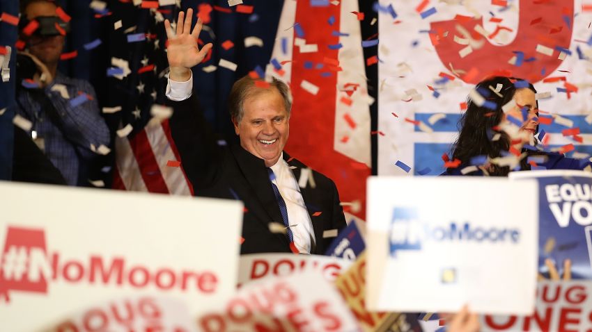 BIRMINGHAM, AL - DECEMBER 12: Democratic U.S. Senator elect Doug Jones greets supporters during his election night gathering the Sheraton Hotel on December 12, 2017 in Birmingham, Alabama. Doug Jones defeated his republican challenger Roy Moore to claim Alabama's U.S. Senate seat that was vacated by attorney general Jeff Sessions. (Photo by Justin Sullivan/Getty Images)