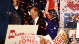 BIRMINGHAM, AL - DECEMBER 12:  Democratic U.S. Senator elect Doug Jones (L) and wife Louise Jones (R) greet supporters during his election night gathering the Sheraton Hotel on December 12, 2017 in Birmingham, Alabama.  Doug Jones defeated his republican challenger Roy Moore to claim Alabama's U.S. Senate seat that was vacated by attorney general Jeff Sessions. (Photo by Justin Sullivan/Getty Images)