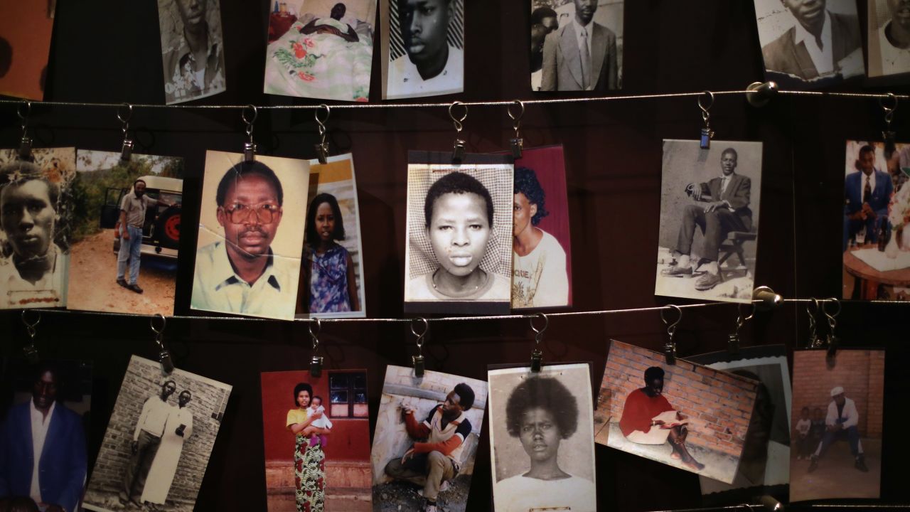 Family photos of victims of the 1994 Rwanda genocide hang inside the Kigali Genocide Memorial Centre 