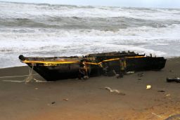 The wooden boat washed ashore at a beach on December 12, 2017 in Kashiwazaki, Niigata, Japan. 