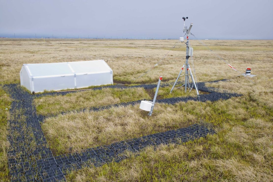 A climate research station is seen from above in Barrow, Alaska.
