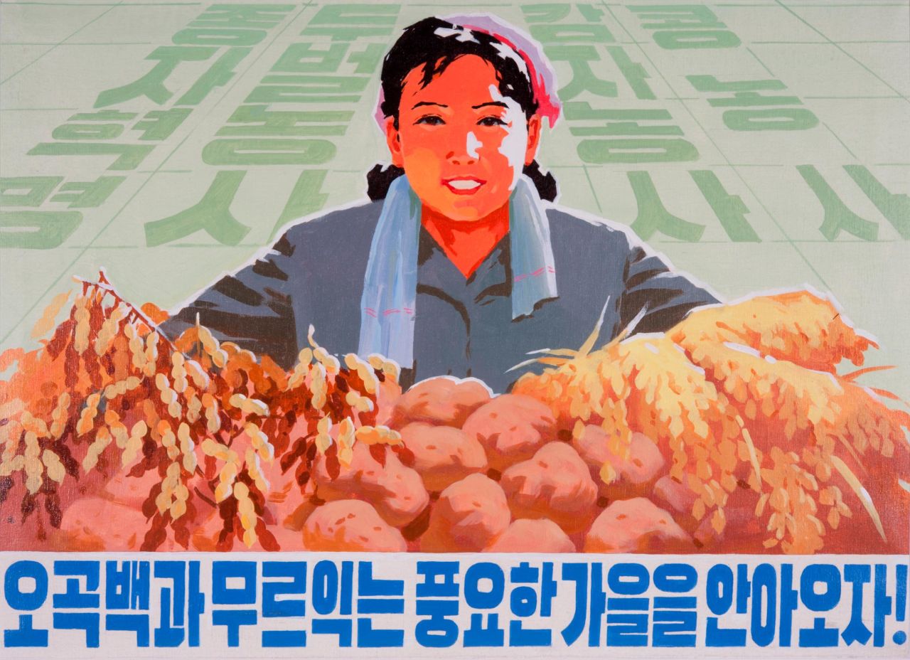 Almost all state posters in North Korea feature large worded slogans. Literacy may not be as high as the 100% figure reported by the country's officials, but Zellweger believes that her posters were designed on the assumption that everyone can read.