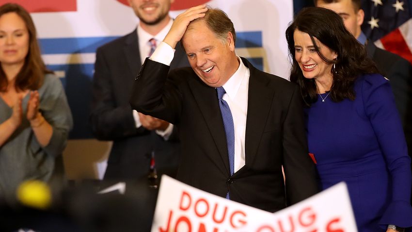 BIRMINGHAM, AL - DECEMBER 12: Democratic U.S. Senator elect Doug Jones greets supporters during his election night gathering the Sheraton Hotel on December 12, 2017 in Birmingham, Alabama. Doug Jones defeated his republican challenger Roy Moore to claim Alabama's U.S. Senate seat that was vacated by attorney general Jeff Sessions. (Photo by Justin Sullivan/Getty Images)