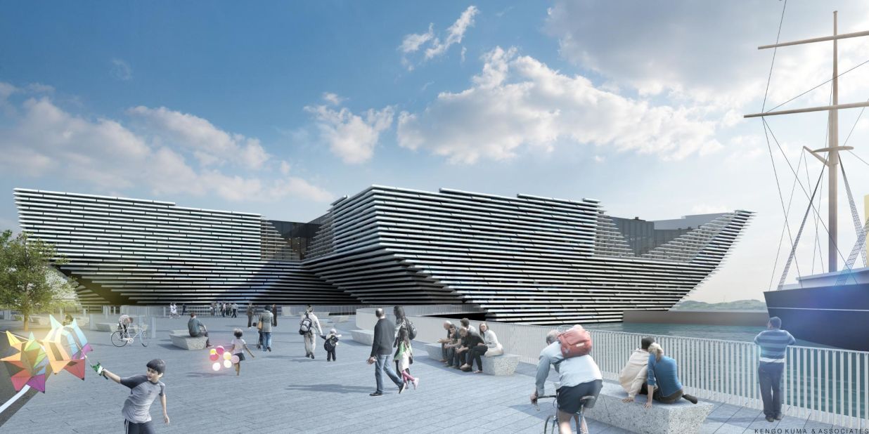 Kengo Kuma's stone-paneled design for the second outpost for the V&A museum is set to open to the public this year. It is the Japanese architect's first UK building. 