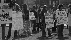 About 50 protesters gather in Pittsburgh Market Square, April 8, 1978, to rally against the California Bakke decision that changes the program at the University of California at Davis Medical School. Speakers said the decision has had an adverse effect on many affirmative action programs around the country. The protesters hope to influence the Supreme Court's decision on the case. (AP Photo)