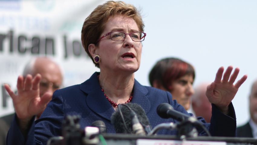 Rep. Marcy Kaptur (D-OH) (C) and fellow Democratic members of Congress hold a news conference to voice their opposition to the Trans-Pacific Partnership trade deal at the U.S. Capitol June 10, 2015 in Washington, DC.