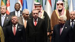 Turkish President Recep Tayyip Erdogan (front row, C) and other world leaders attend the Organisation of Islamic Cooperation summit in Istanbul on Wednesday. 