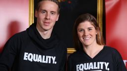 LONDON, ENGLAND - DECEMBER 13:  Stefan Johansen (L) and Maren Mjelde (R) pose for a photo during the Football Association of Norway National Team Equal Pay Agreement Announcement at the Norwegian Ambassador's Residence on December 13, 2017 in London, England.  (Photo by Jordan Mansfield/Getty Images)