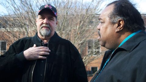 Imperial Wizard Billy Snuffer of the Rebel Brigade Knights, left, discusses the Klan, Nazis and hate with Daryl Davis. 