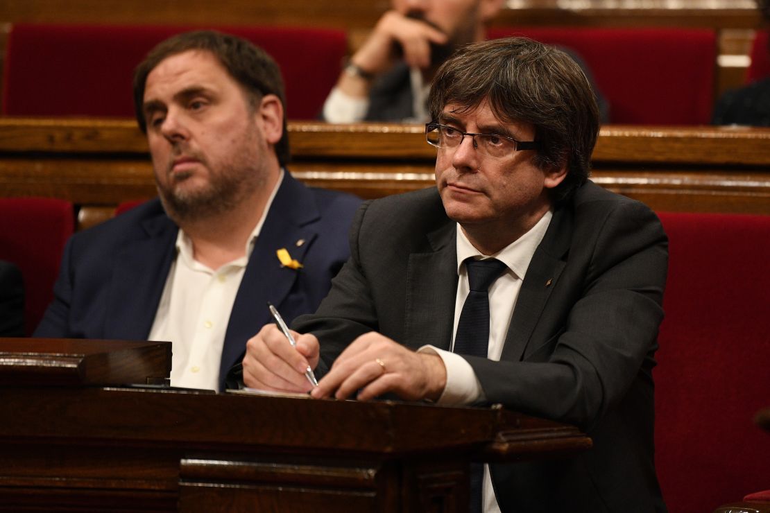 Oriol Junqueras, left, with Carles Puigdemont at the Catalan government headquarters in Barcelona in October.
