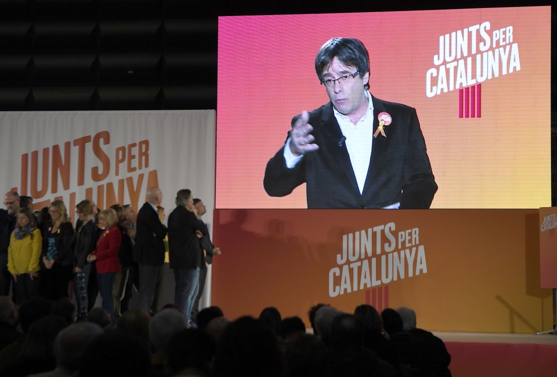 Carles Puigdemont addresses supporters at a campaign event on December 4.