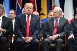 US President Donald Trump sits with Attorney General Jeff Sessions on December 15, 2017 in Quantico, Virginia, before participating in the FBI National Academy graduation ceremony.