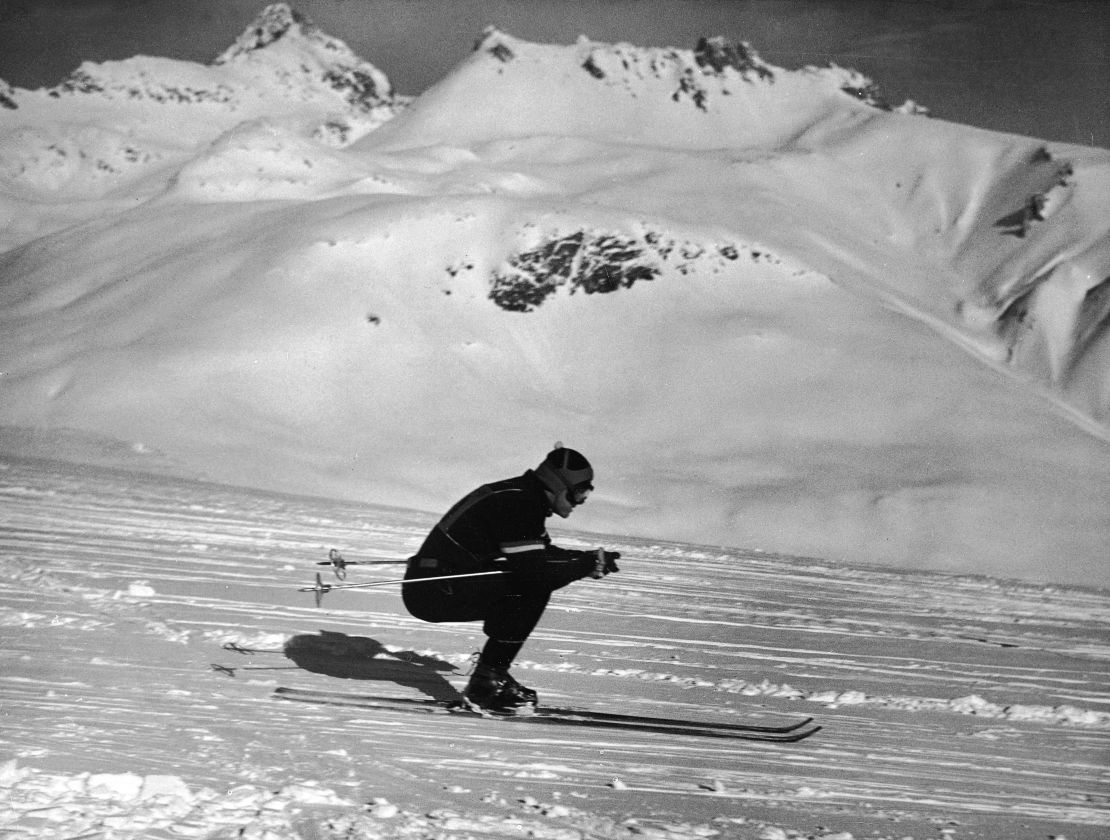 American skier Steve Knowlton comes down Corveglia during the Men's Downhill event at the Winter Olympics in St. Moritz in 1948.