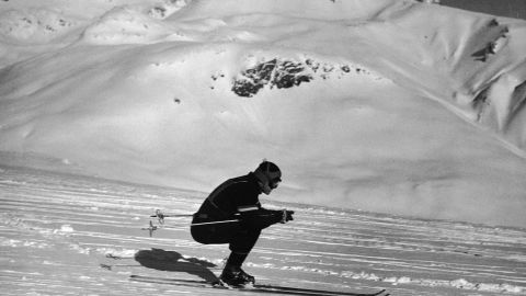 American skier Steve Knowlton comes down Corveglia during the Men's Downhill event at the Winter Olympics in St. Moritz in 1948.