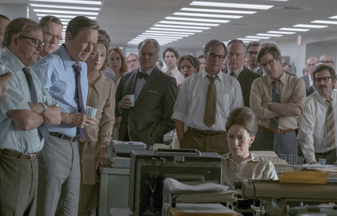 (From left) Howard Simons (David Cross), Frederick "Fritz" Beebe (Tracy Letts), Ben Bradlee (Tom Hanks), Kay Graham (Meryl Streep), Arthur Parsons (Bradley Whitford), Chalmers Roberts (Philip Casnoff), Paul Ignatius (Brent Langdon), Meg Greenfield (Carrie Coon, seated) and other members of The Washington Post in Twentieth Century Fox's 'The Post.'