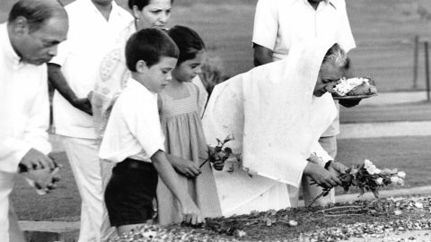 Indira Gandhi, accompanied by her grandchildren Rahul Gandhi and Priyanka Gandhi, Delhi, India, on May 27, 1980.