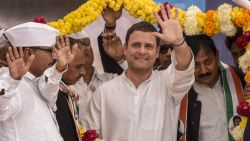 Rahul Gandhi waves during an election campaign rally on December 9, 2017 in Ahmedabad, India.