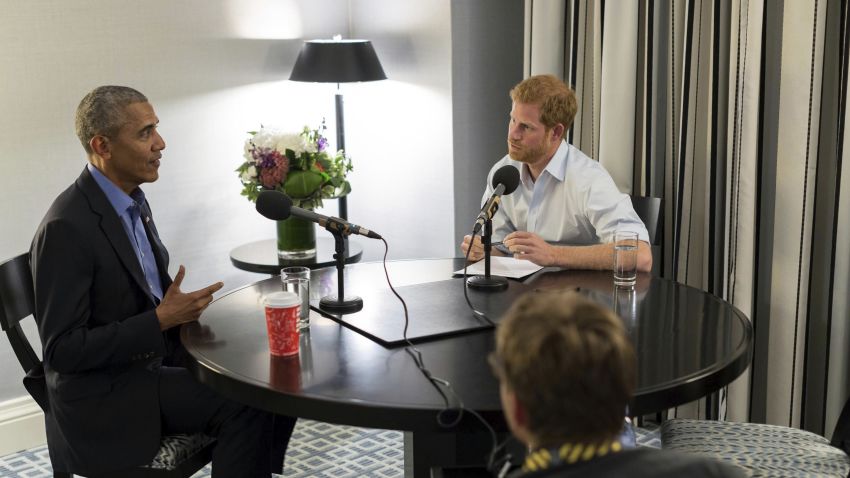In this undated photo issued on Sunday Dec. 17, 2017 by Kensington Palace courtesy of the Obama Foundation, Britain's Prince Harry, right, interviews former US President Barack Obama as part of his guest editorship of BBC Radio 4's Today programme which is to be broadcast on the December 27, 2017. The interview was recorded in Toronto in September 2017 during the Invictus Games.