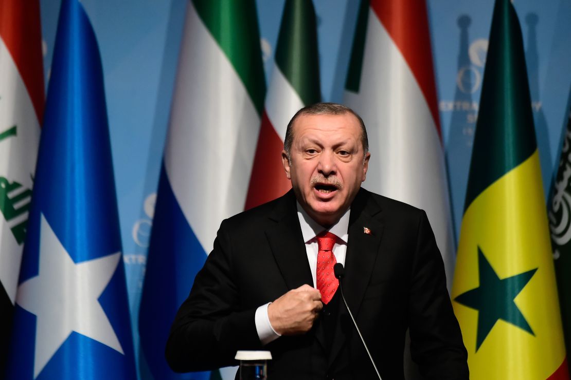 Turkish President Recep Tayyip Erdogan speaks as he holds a press conference following the Extraordinary Summit of the Organisation of Islamic Cooperation (OIC) on December 13, 2017, in Istanbul.