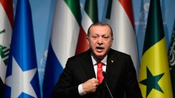 Turkish President Recep Tayyip Erdogan speaks as he holds a press conference following the Extraordinary Summit of the Organisation of Islamic Cooperation (OIC) on last week's US recognition of Jerusalem as Israel's capital, on December 13, 2017, in Istanbul.
Islamic leaders on December 13 urged the world to recognise occupied East Jerusalem as the capital of Palestine, as Palestinian president Mahmoud Abbas warned the United States no longer had any role to play in the peace process. / AFP PHOTO / YASIN AKGUL        (Photo credit should read YASIN AKGUL/AFP/Getty Images)