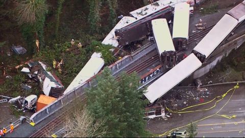 Aerial view of the jumbled rail cars in Washington State.