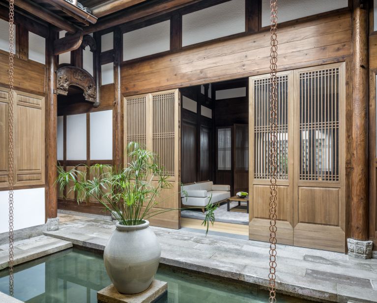 This Amanyangyun villa, with four bedrooms, has a central courtyard, one of the signature features of a traditional Chinese home. There are 24 Ming Courtyard Suites at the hotel with this design.