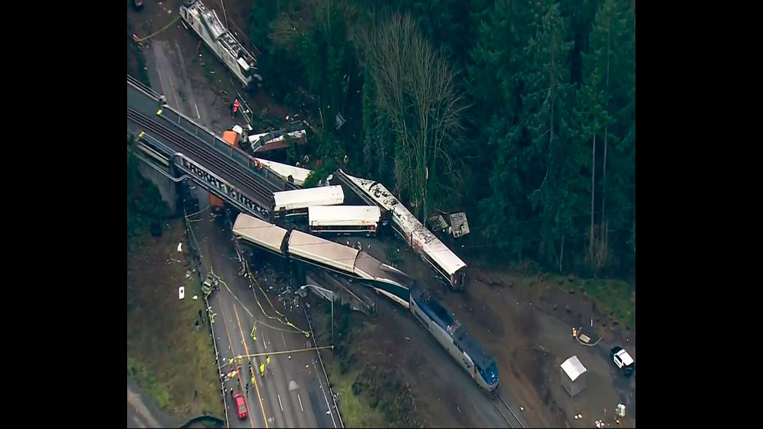 This aerial image from video provided by KOMO-TV shows the derailed train.