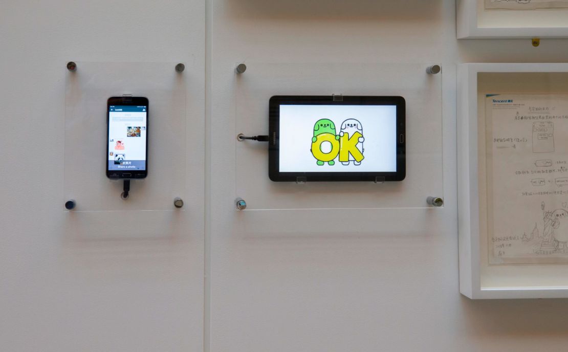 Unique installation of a working model of WeChat, a popular social-media app in China.  
