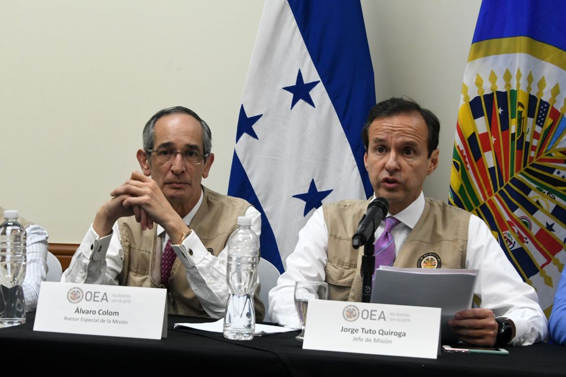 OAS representatives Alvaro Colom, left, and Jorge Tuto Quiroga at a press conference in Tegucigalpa, Honduras.
