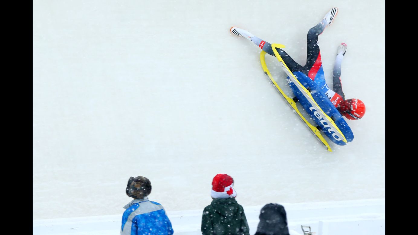 German luger Julia Taubitz crashes during a World Cup event in Lake Placid, New York, on Saturday, December 16.