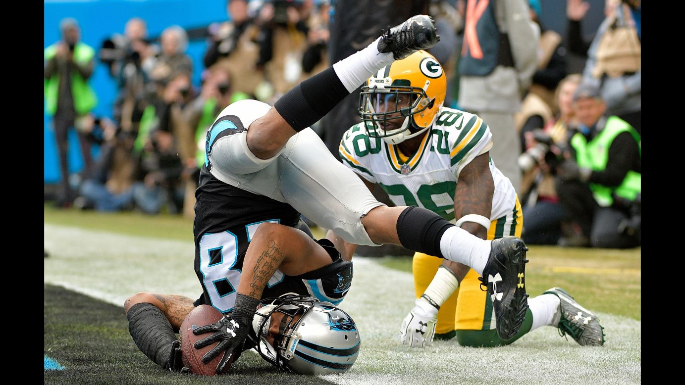 Carolina wide receiver Damiere Byrd pulls in a touchdown pass during an NFL game against Green Bay on Sunday, December 17. Byrd caught two touchdowns for the Panthers, who won 31-24.