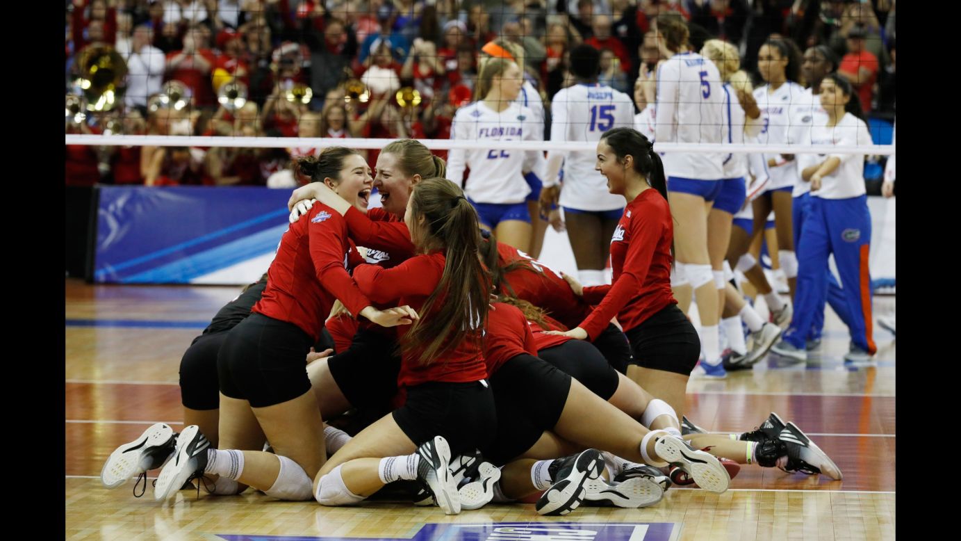Nebraska volleyball players celebrate after they defeated Florida to win the national championship on Saturday, December 16. It is Nebraska's fifth national title and its second in the last three years.