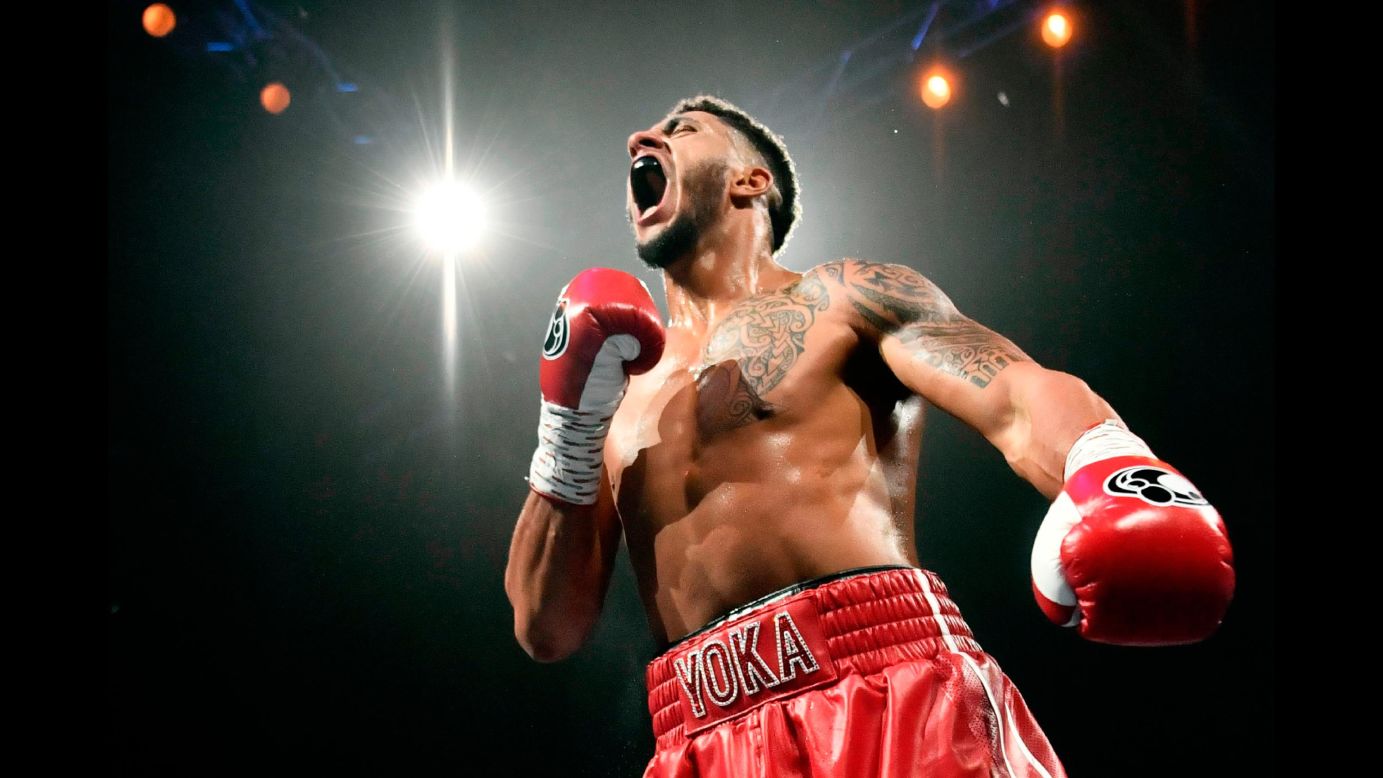 French boxer Tony Yoka celebrates after winning his heavyweight bout against Ali Baghouz on Saturday, December 16.