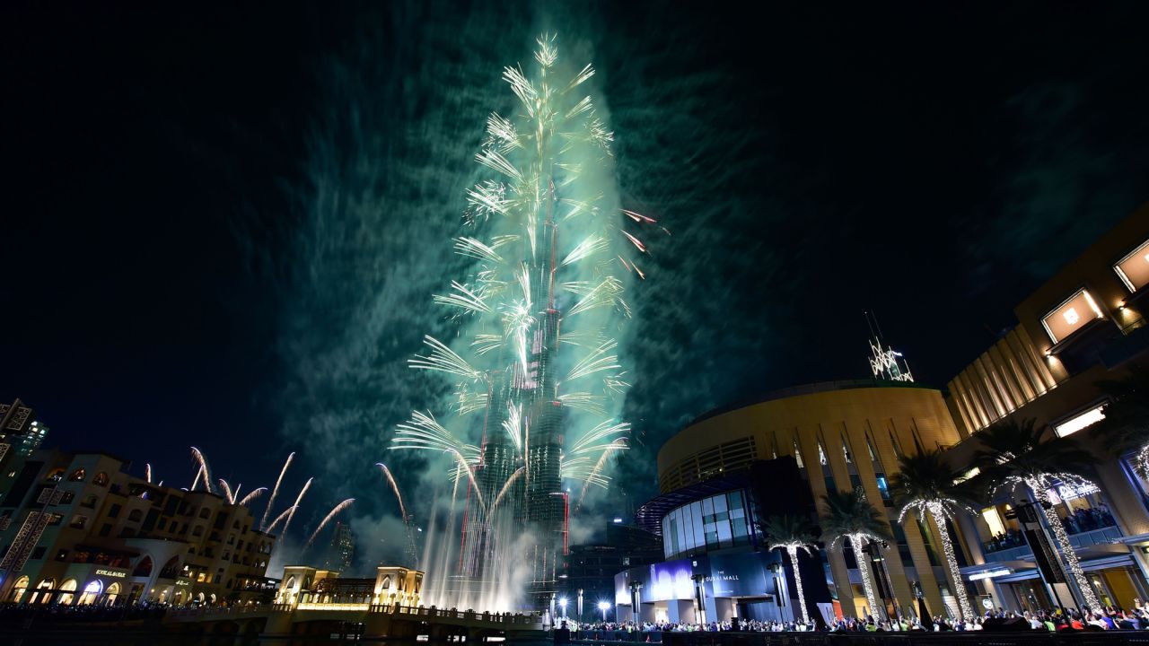 <strong>Dubai, United Arab Emirates:</strong> The Burj Khalifa, the world's tallest tower, serves as the staging point for a massive fireworks show.