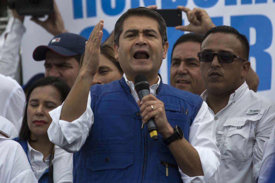 Honduran President Juan Orlando Hernandez speaks to his party base, in Tegucigalpa, Honduras, Thursday, Dec. 7, 2017. 