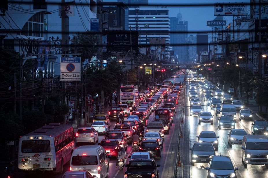 Over in the capital of Thailand, drivers spent an average of 64 hours in rush hour traffic.