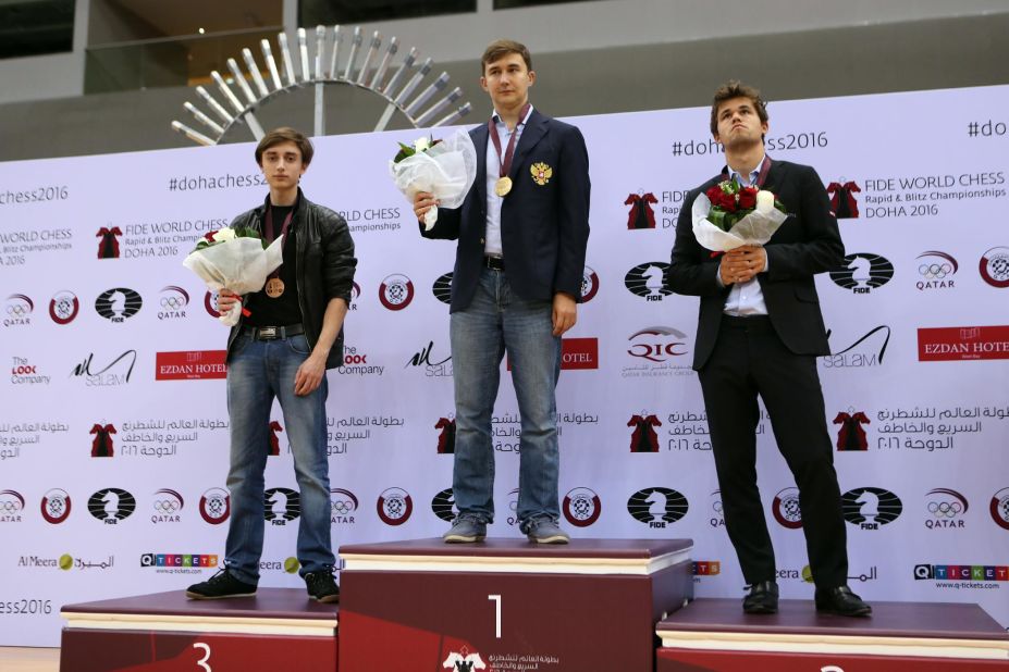Russian grandmaster Sergey Karjakin toppled current World Chess Champion Magnus Carlsen to win the World Blitz Chess Championship title in Doha in 2016. Carlsen (R) took silver and Russian grandmaster Daniil Dubov (L) took bronze.