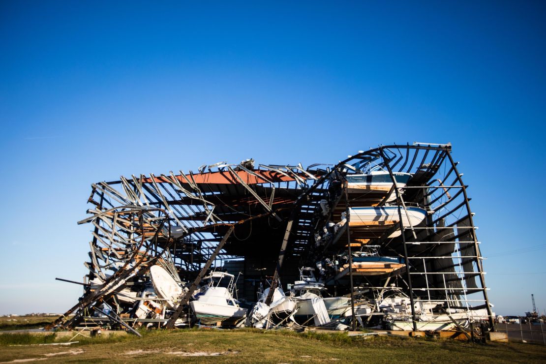 A boat storage depot stands destroyed by Hurricane Harvey.