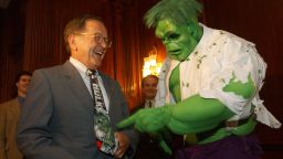 UNITED STATES - JUNE 19:  THE HULK--Sen. Ted Stevens, R-Alaska, meets "The Hulk" during a party at the U.S. Capitol hosted by Stevens, Marvel Enterprises and Universal Studios, in tribute to the release of Universal Studio's release of the film, "The Hulk."  (Photo by Scott J. Ferrell/Congressional Quarterly/Getty Images)