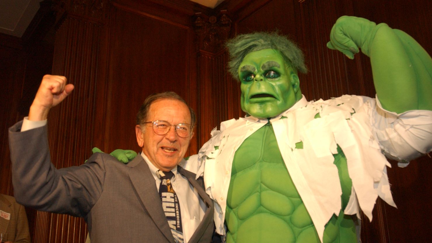 Sen. Ted Stevens, R-Alaska, meets "The Hulk" during a party at the U.S. Capitol in 2003  (Photo by Scott J. Ferrell/Congressional Quarterly/Getty Images)