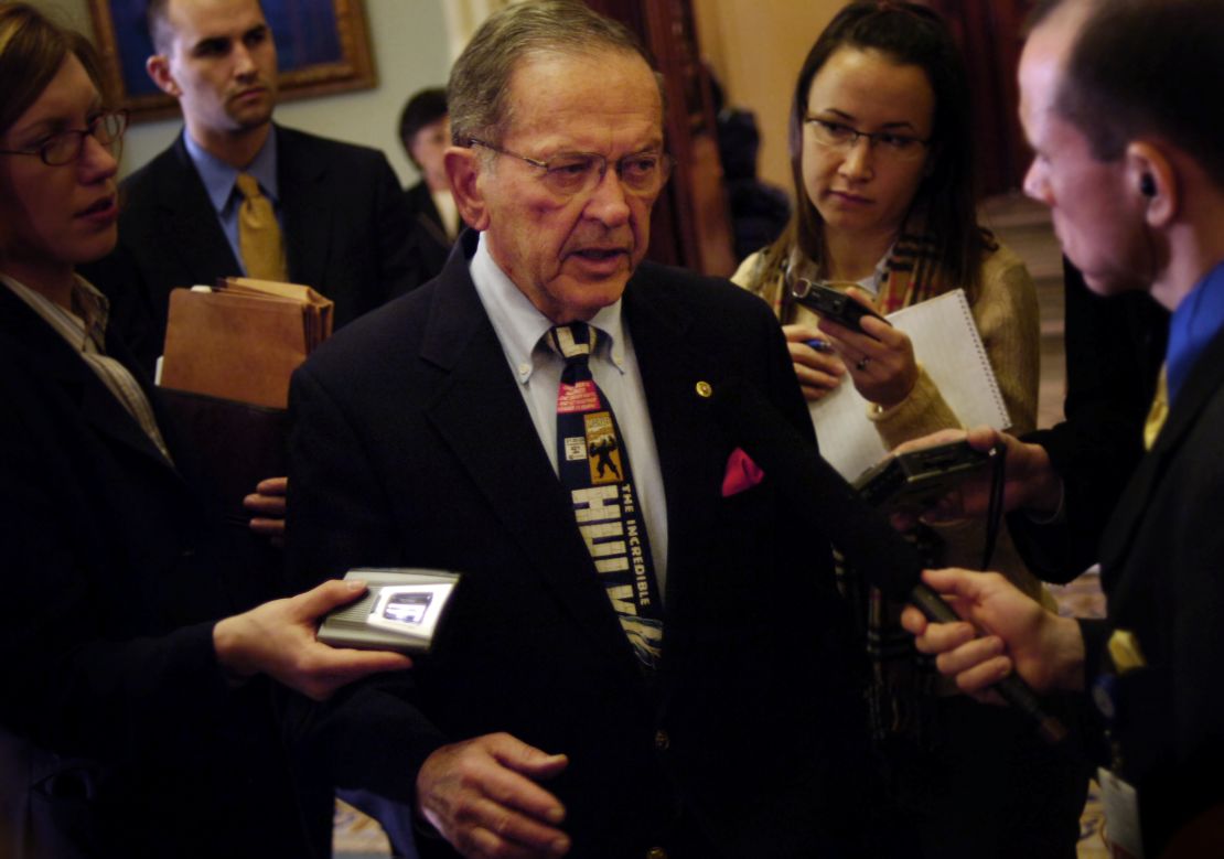 UNITED STATES - DECEMBER 20:  Sen. Ted Stevens, R-Ak., speaks to the press in the Senate hallway of the Capitol.  (Photo By Chris Maddaloni/Roll Call/Getty Images)