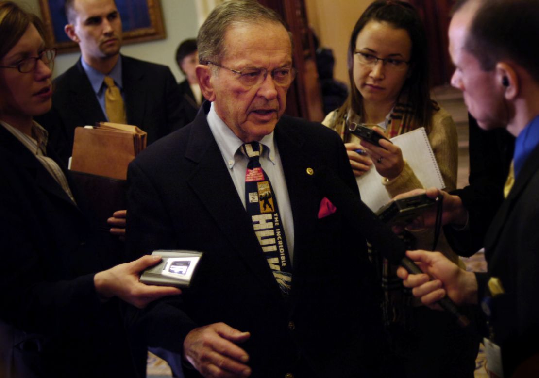 UNITED STATES - DECEMBER 20: Sen. Ted Stevens, R-Ak., speaks to the press in the Senate hallway of the Capitol. (Photo By Chris Maddaloni/Roll Call/Getty Images)