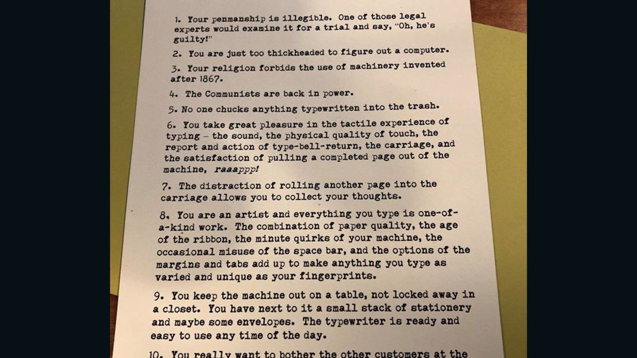 Tom Hanks included this list with the Olympia he gifted to the de Peysters. It originally appeared as the forward to the book "Typewriters."