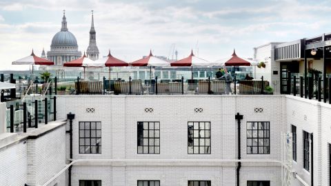 The panoramic rooftop area at The Ned offers views of St. Pauls Cathedral.