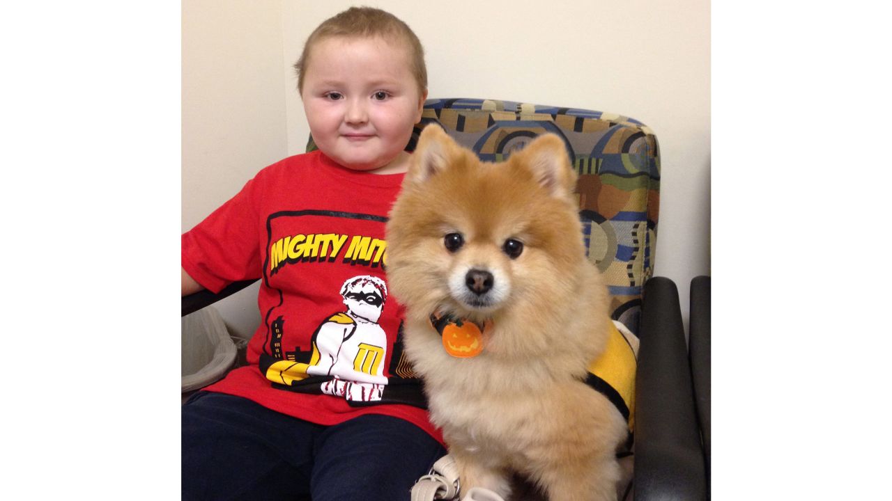Four-year-old "Mighty" Mitchell Montalbano with Swoosh during the 2014 clinical trial.