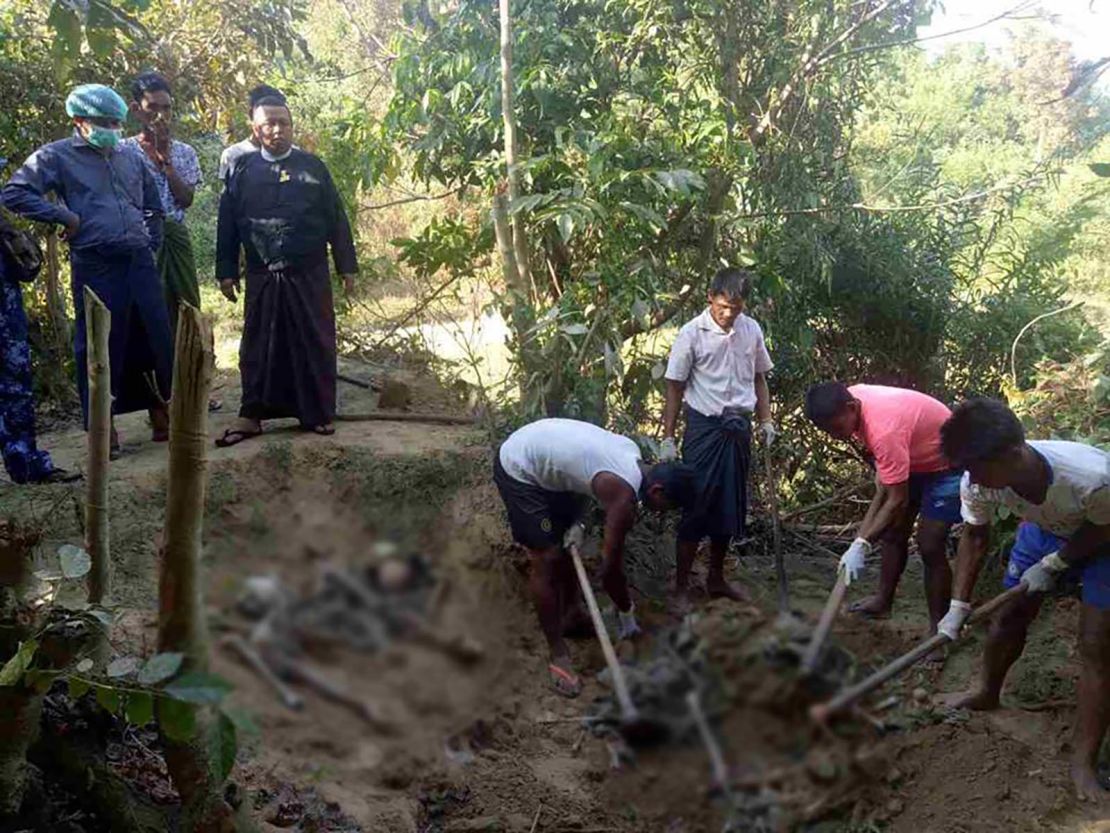 Authorities in Rakhine state work to uncover a mass grave found in a village north of the provincial capital Sittwe.