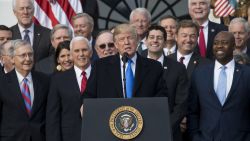 US President Donald Trump flanked by Republican lawmakers speaks about the passage of tax reform legislation on the South Lawn of the White House in Washington, DC, December 20, 2017.
Trump hailed a "historic" victory Wednesday as the US Congress passed a massive Republican tax cut plan, handing the president his first major legislative achievement since taking office nearly a year ago. / AFP PHOTO / SAUL LOEB        (Photo credit should read SAUL LOEB/AFP/Getty Images)