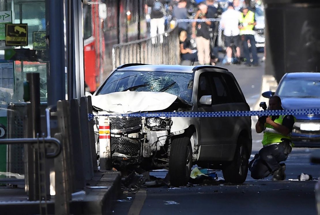 A damaged vehicle at the scene of an incident on Flinders Street, in Melbourne, Australia, 21 December 2017.