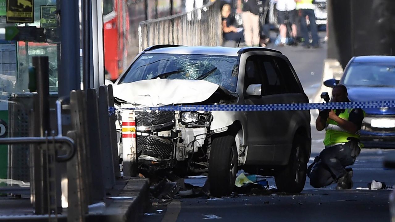 A damaged vehicle at the scene of an incident on Flinders Street, in Melbourne, Australia, 21 December 2017.